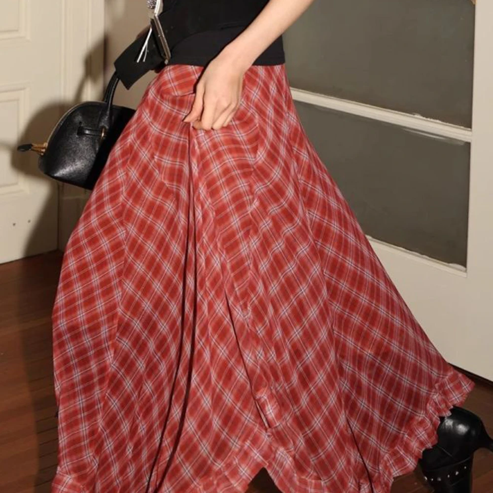 

2025 spring and summer retro two-color plaid skirt irregular fungus edge big swing thin long skirt chiffon skirt