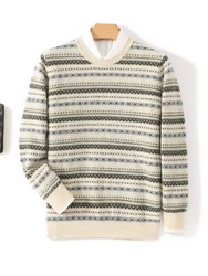 Men's Fair Isle Sweater O-neck Wool Pullover Autumn Winter Vintage Cashmere Long Sleeve Thick Warm 100% Merino Wool Knitwear Top