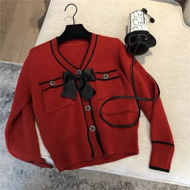 Herbst Winter V-ausschnitt Strickjacke Pullover Women2025 Neue Mode Lose Beiläufige Strickwaren Bowknot Reine Farbe taste Oberbekleidung Weibliche