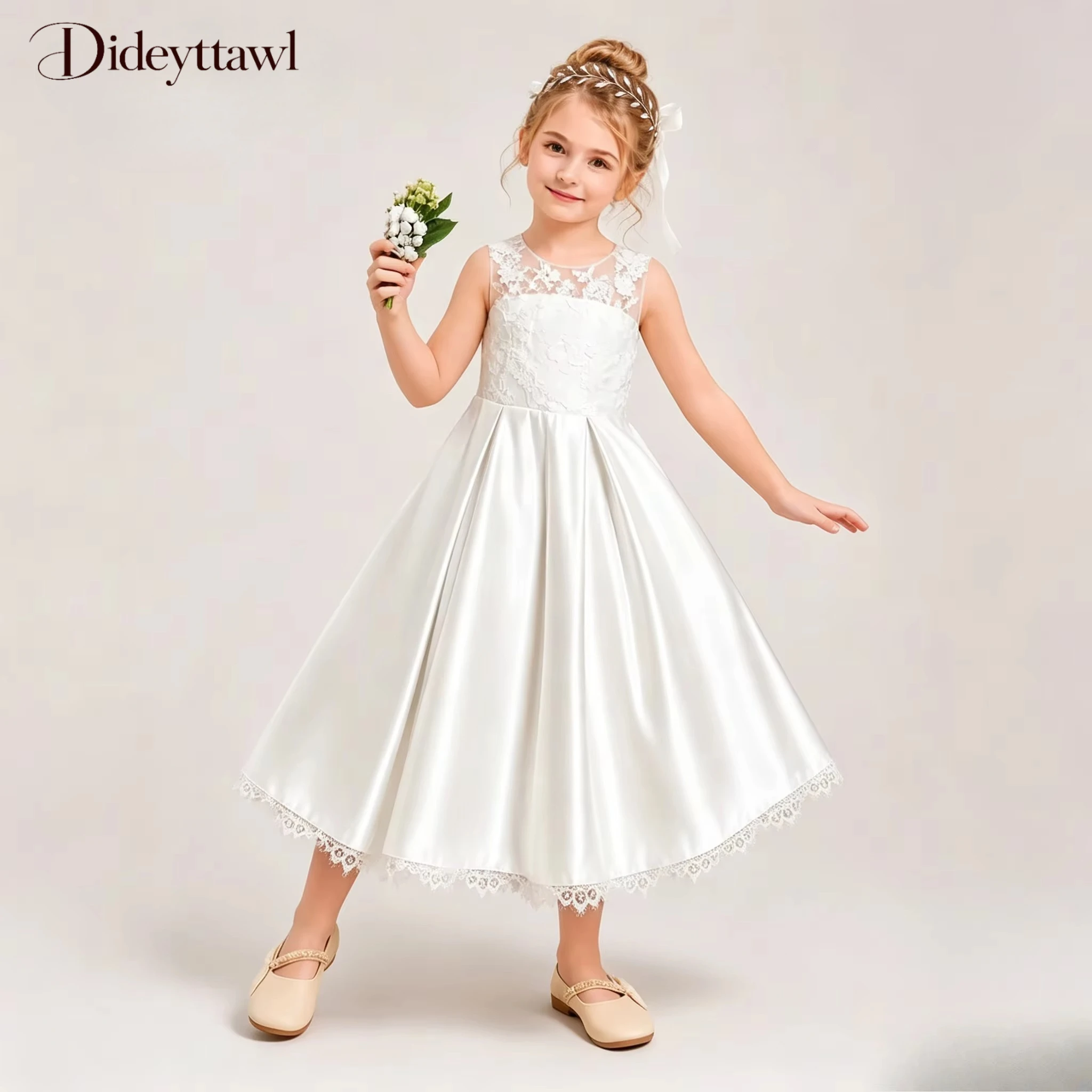 Sleeveless Lace Satin Flower Girl Dress Large Back Bow Multi Color Available Tea Length A Line Kids Formal Gown Wedding  Dress