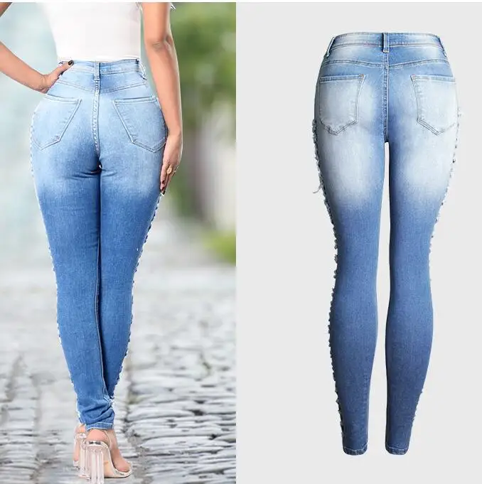 Mulheres Multi-buraco Stretch Skinny Jeans, Calças Lápis Perna Pequena, Calças Mendigo