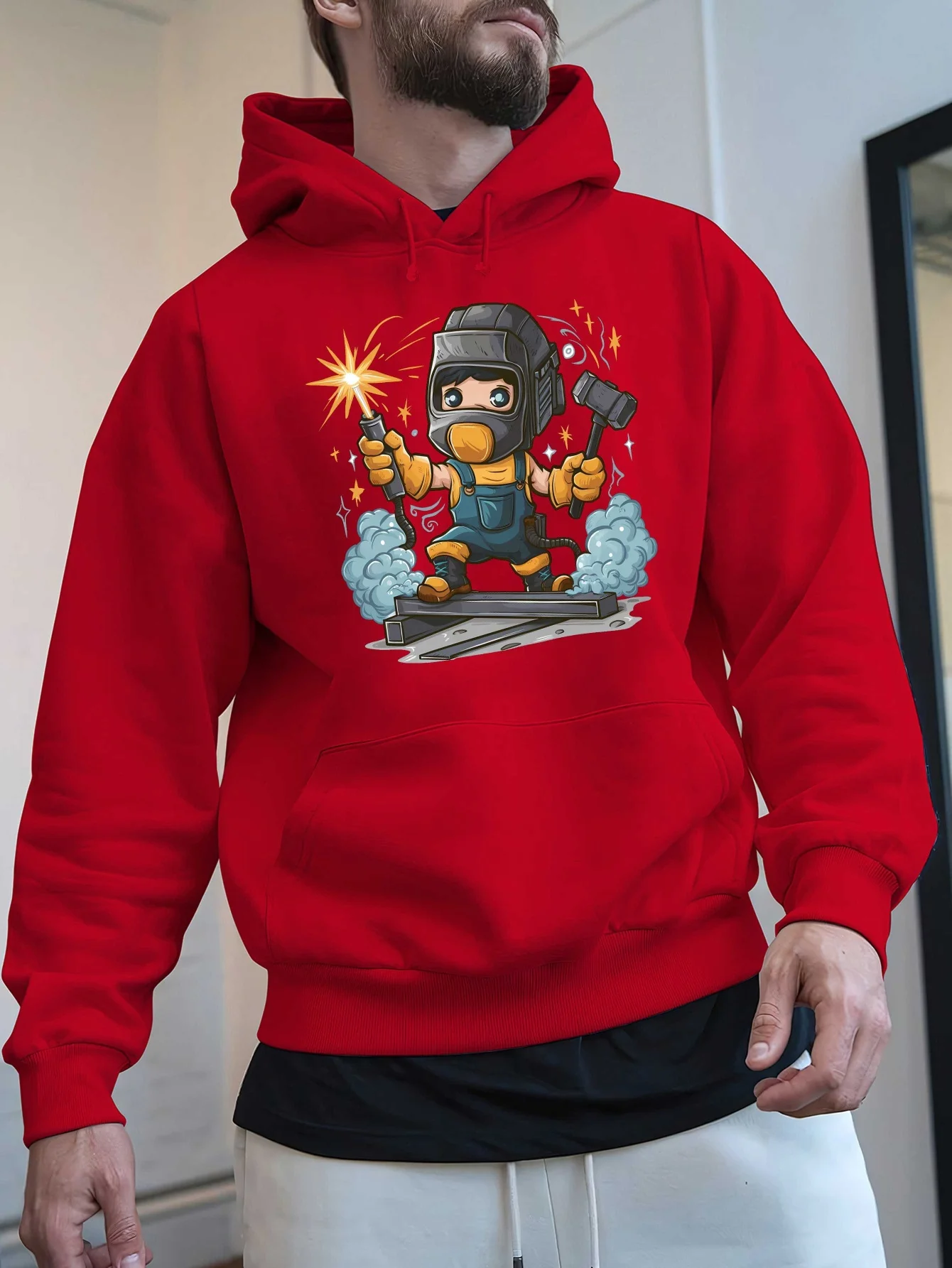 Men Cartoon Welder Print Hoodie Funny Welding Worker Sparks Streetwear Pullover Hooded Sweatshirt Casual Black Hoodies