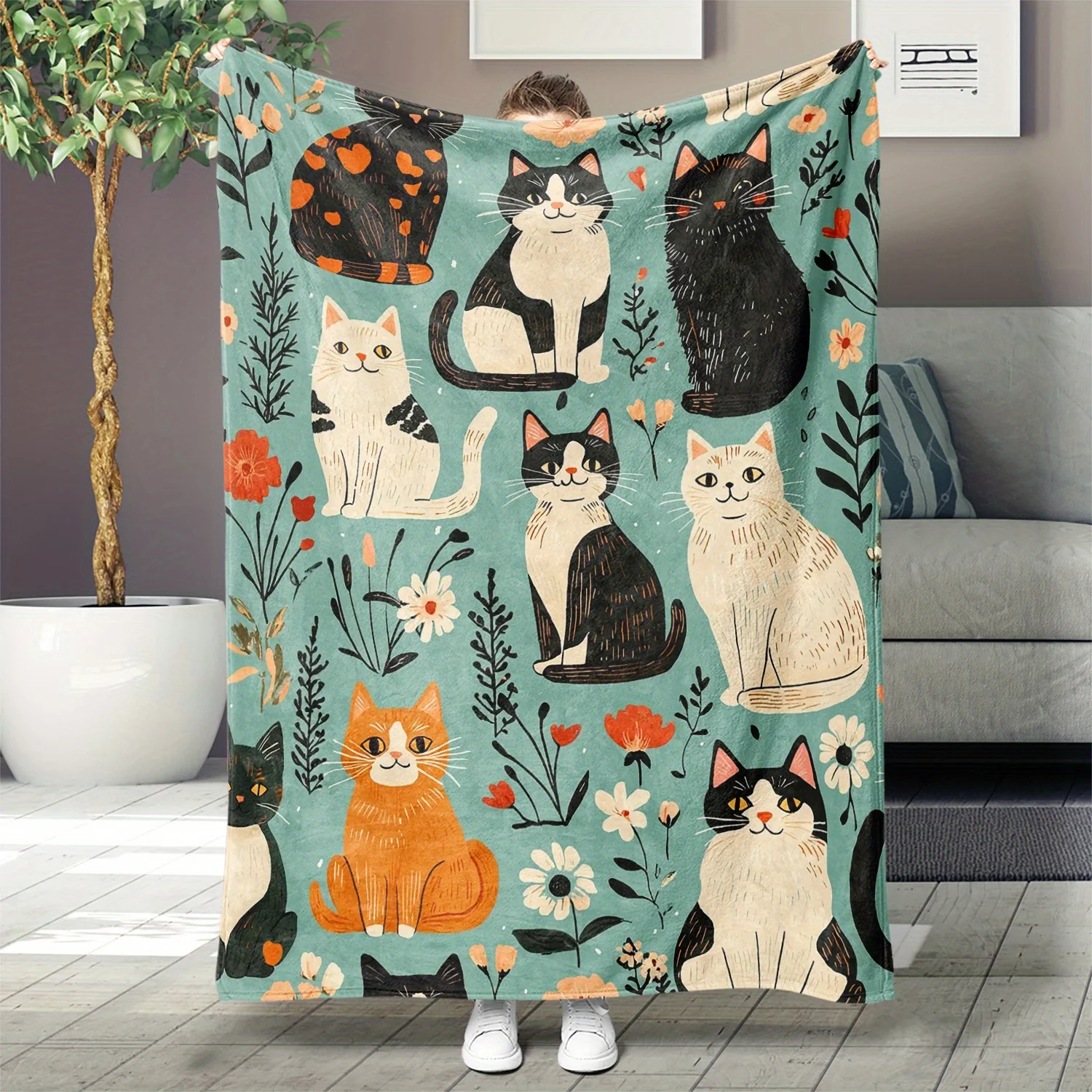 Cozy Cat Print Flannel Throw Blanket - Perfect Gift for Girls, Granddaughters & Daughters , for Outdoor, Beach, Camping, Sofa