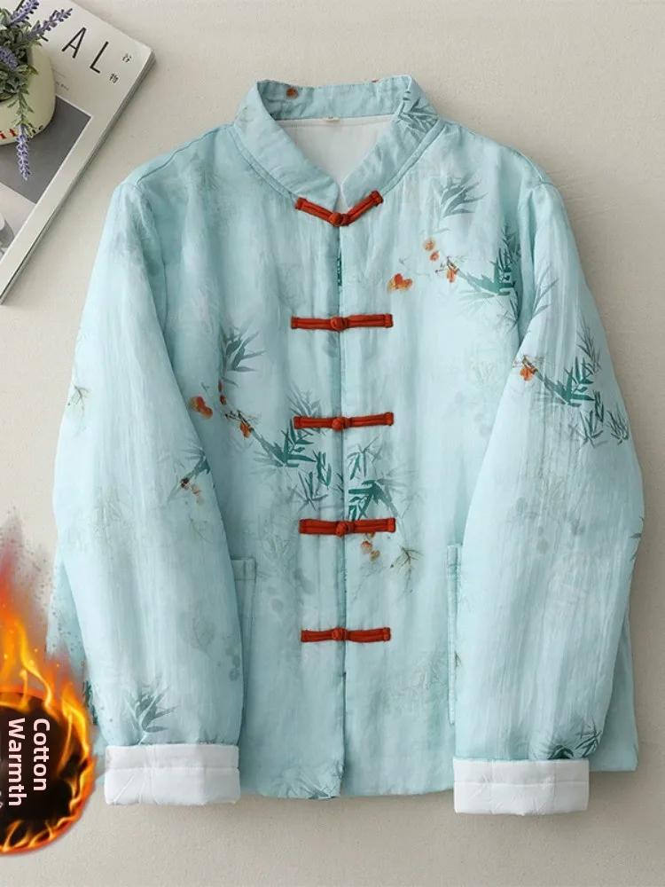 

Легкое хлопковое пальто для женщин: новая китайская модель на пуговицах, утепленное, из хлопка и льна, для зимы