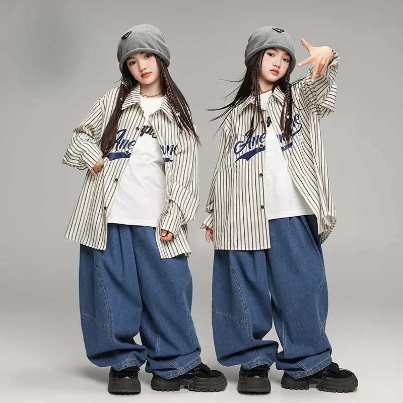 

Girls Hip Hop Dance Costumes Casual Striped Shirts Loose Pants Suit Group Jazz Modern Dance Performance Stage Wear Clothes Sets
