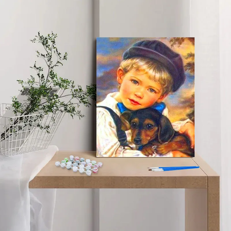 CHENISTORY DIY Frame Paint By Number Girl And Boy Dog For Adults Picture By Numbers Acrylic Paint On Canvas Home Decoration