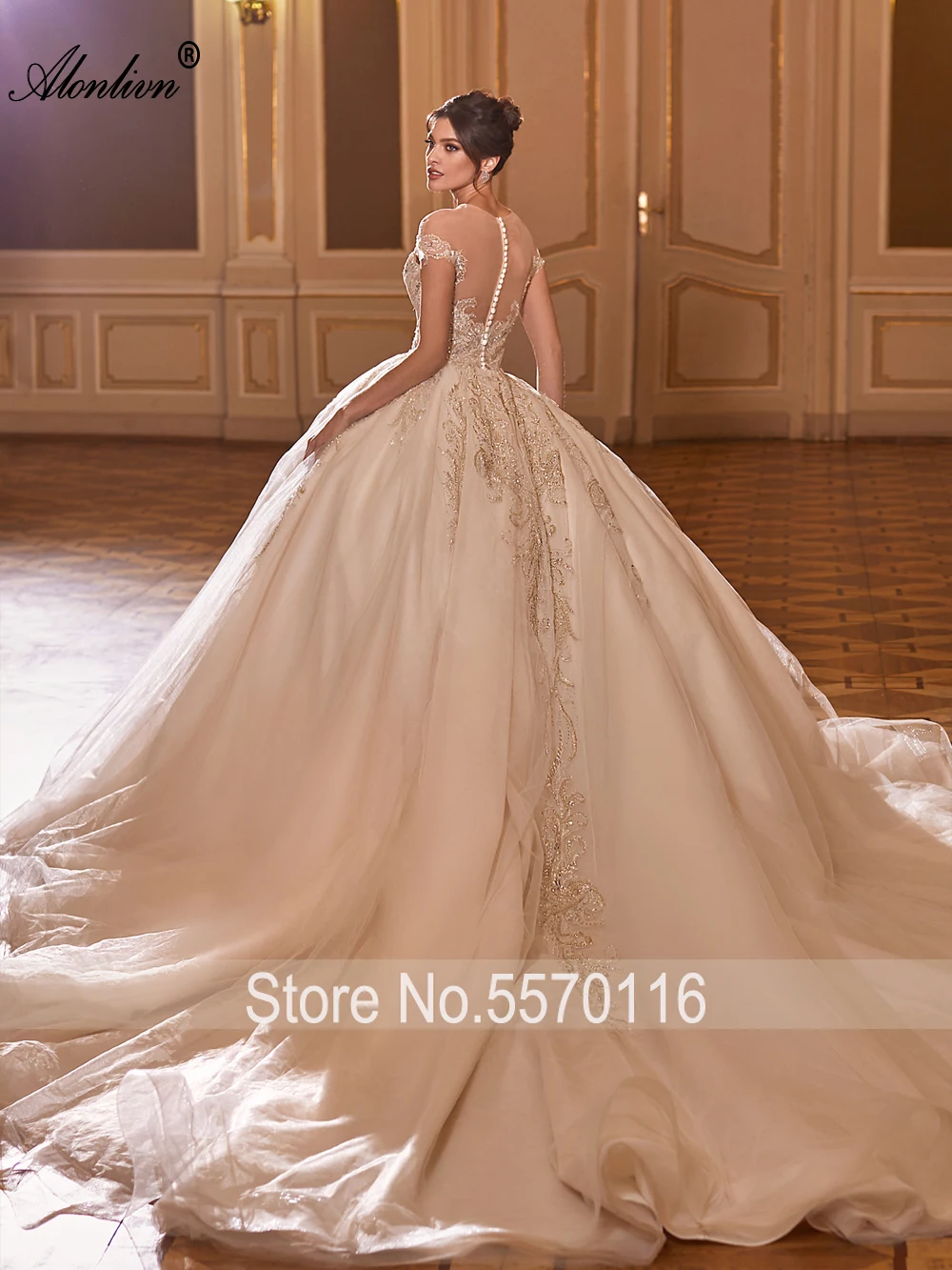 Alonlivn New Arrival Illusion Neck Ball Gown Wedding Dresses Beading Embroidery Lace Bridal Skirts With Button