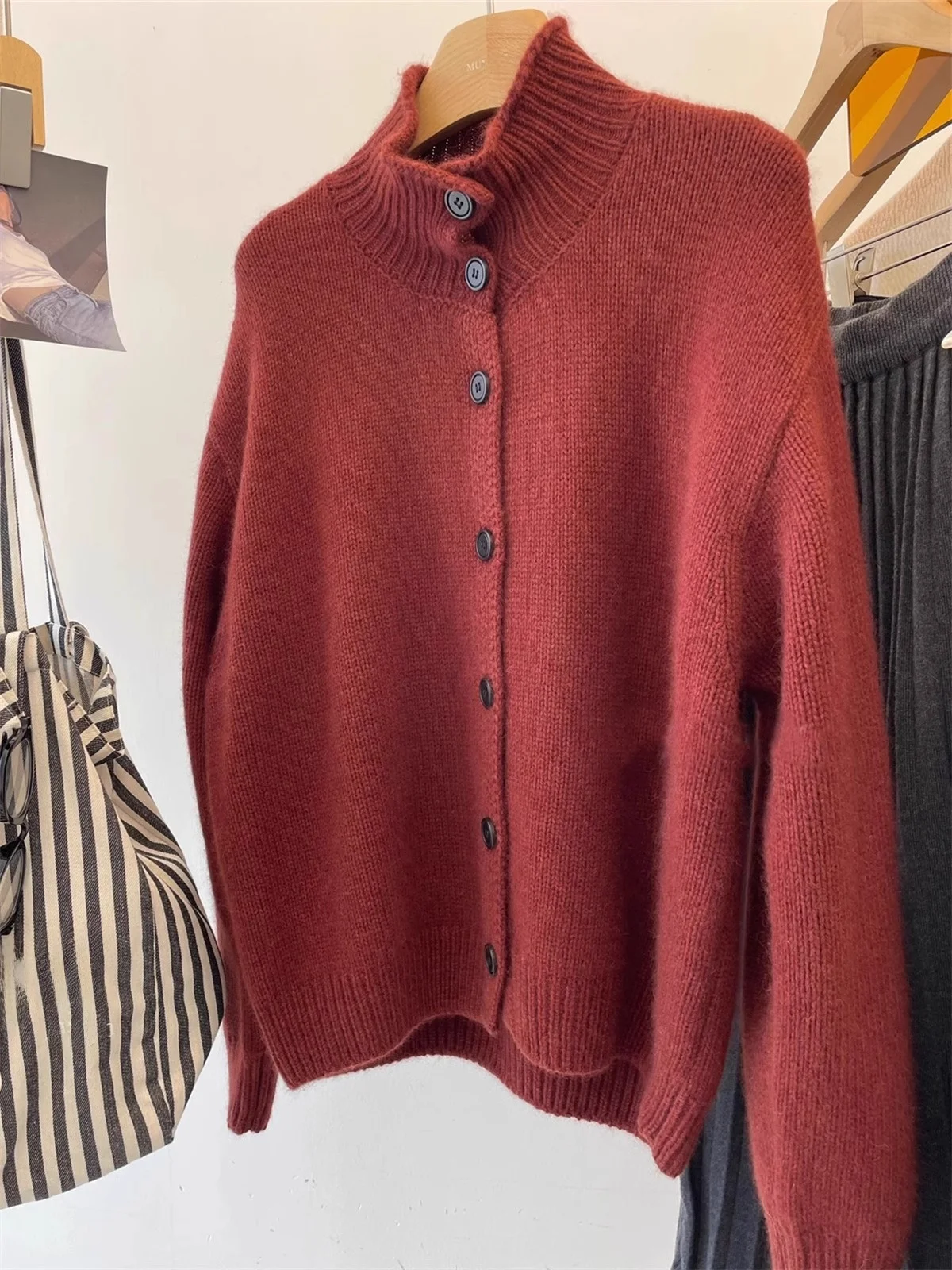 الرجعية ey الدب الفراء عالية الياقة محبوك سترة معطف المرأة فضفاضة كسول الوقوف طوق الخريف الشتاء المفتوحة سترة أعلى #3