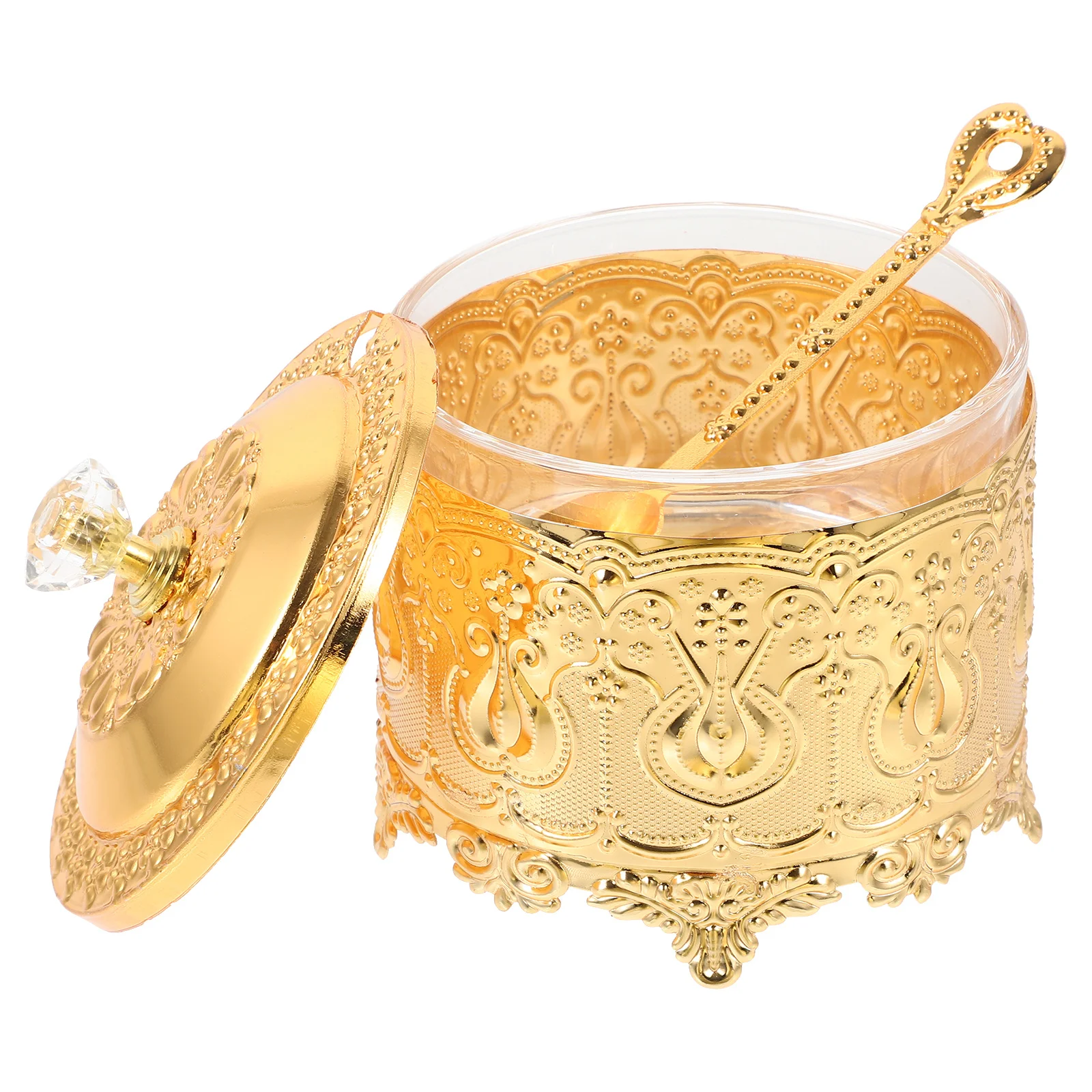 

Embossed European Style Candy Jar Lid Leak Proof Kitchen Storage Decorative Dish Glass Metal Candy Jar for Home