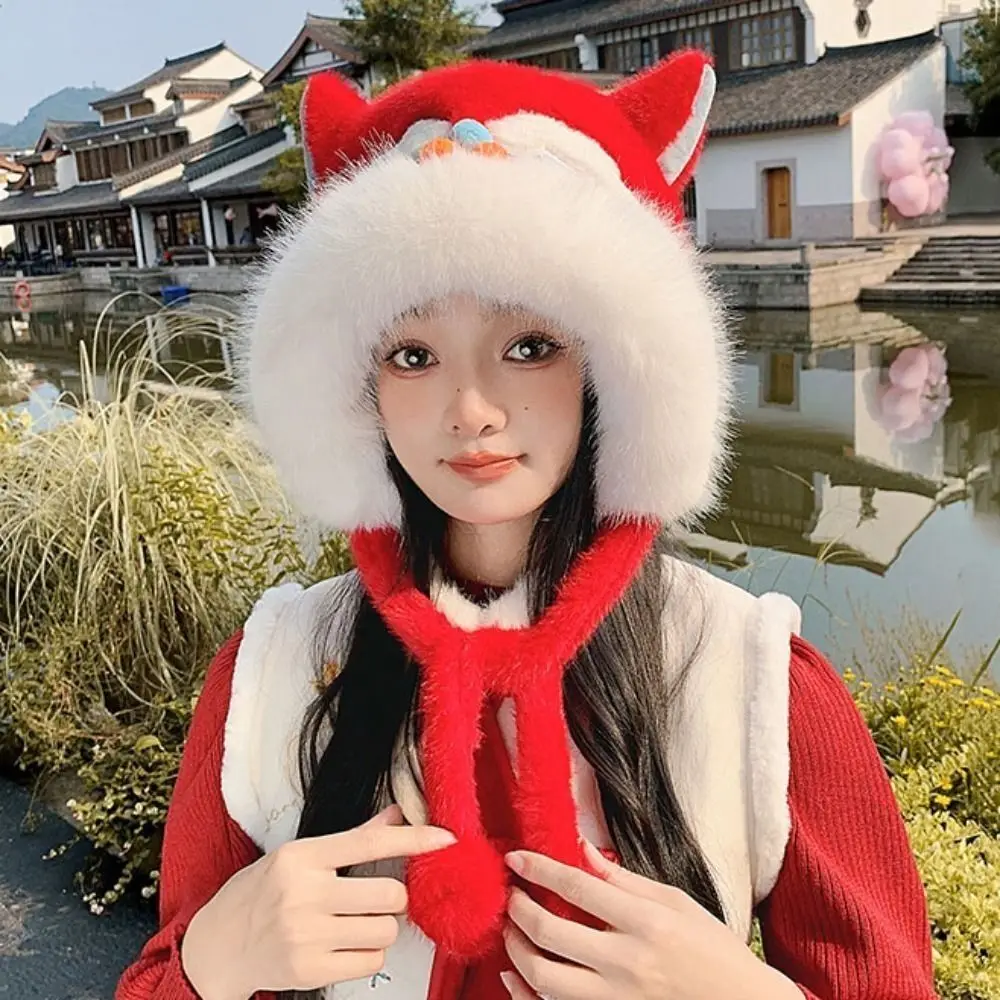 Cute Plush Winter Scarf Windproof Red Ear Protection Cap Dance Lion Neck Warmer Integrated Cap Scarf Gloves Winter