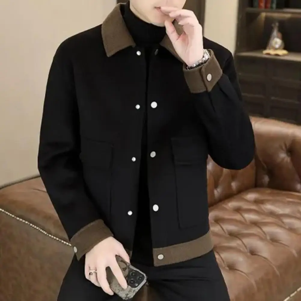 

Men Lapel Coat Men's Color-blocked Woolen Coat with Lapel Pockets Single-breasted Jacket for Autumn Winter Outerwear Vintage