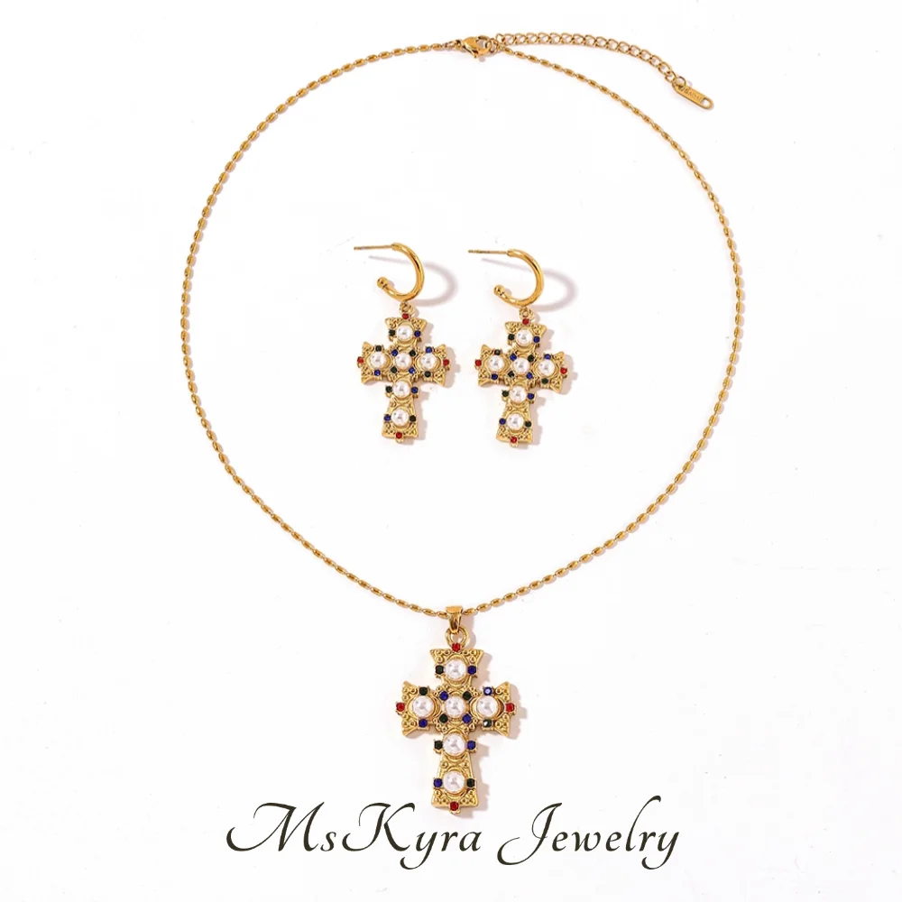 

MsKyra Stainless Steel Earrings Necklace Plated 18k Gold Color Retro Style Pearl Cross Jewelry For Women Gift