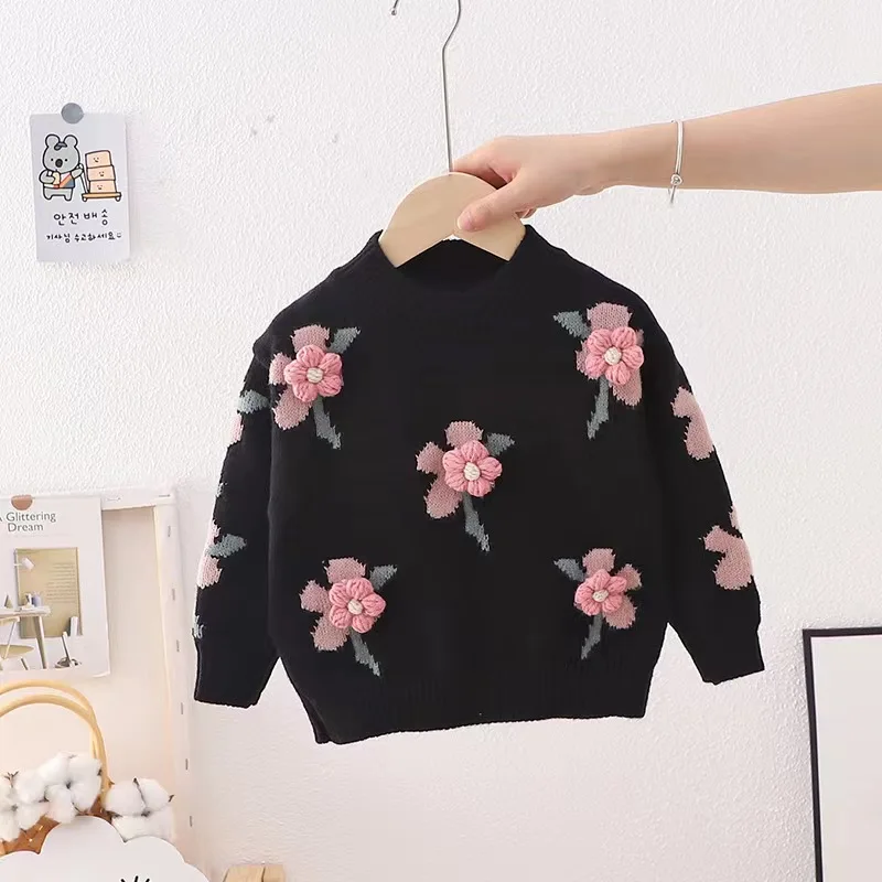 

New girl cute little flower baby knitted pullover children's sweater base shirt 2-7 year old children's clothing autumn winter