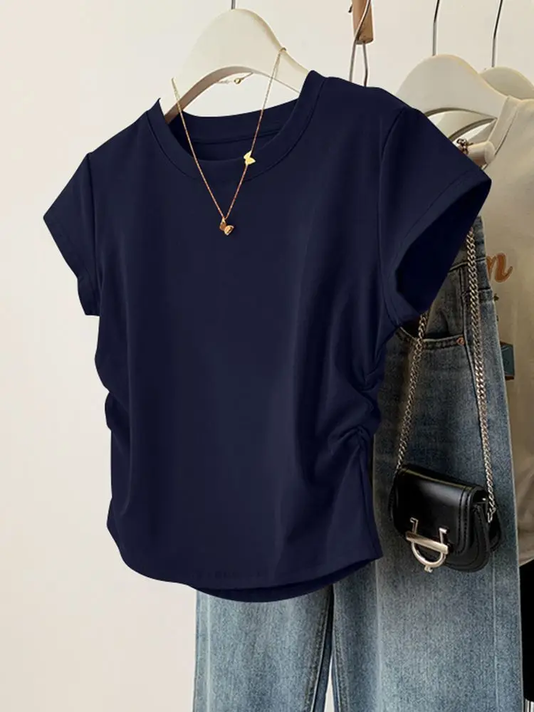 Damen-Sommer-Kurzarm-Top für modisches, vielseitiges Basishemd, schmale Passform, Rundhals-T-Shirt, lässig und sexy, atmungsaktiv und cool – Detail 2