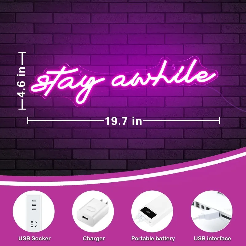 Stay time-letreros de neón para decoración de pared, barra LED regulable de 19,7x5 pulgadas, alimentada por USB, para dormitorio, Fiesta en casa, cumpleaños, regalo de Navidad, azul hielo