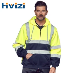 Men's High Visibility Safety Hooded Sweatshirt Pullover Hi Vis Fleece Jacket with Reflective Tripes Workwear Winter Work Wear