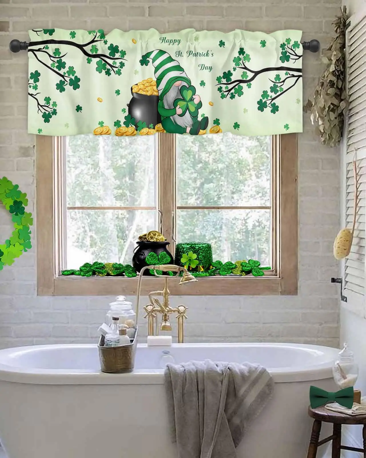 St. Patrick's Day Valance for Windows Green Gnome Curtains Valances Shamrock Tree Lucky Rod Pocket Valance Window Treatments