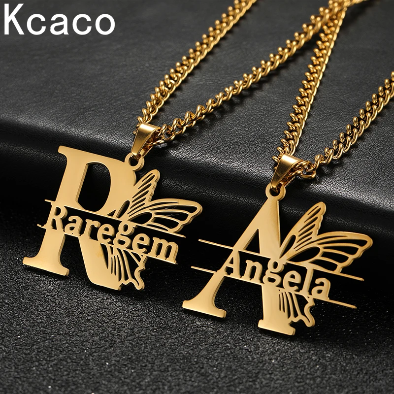 Customized Monogram Name Butterfly Flower Necklace Pendant Gold Color Stainless Steel Chain Jewelry for Women Birthday Gifts