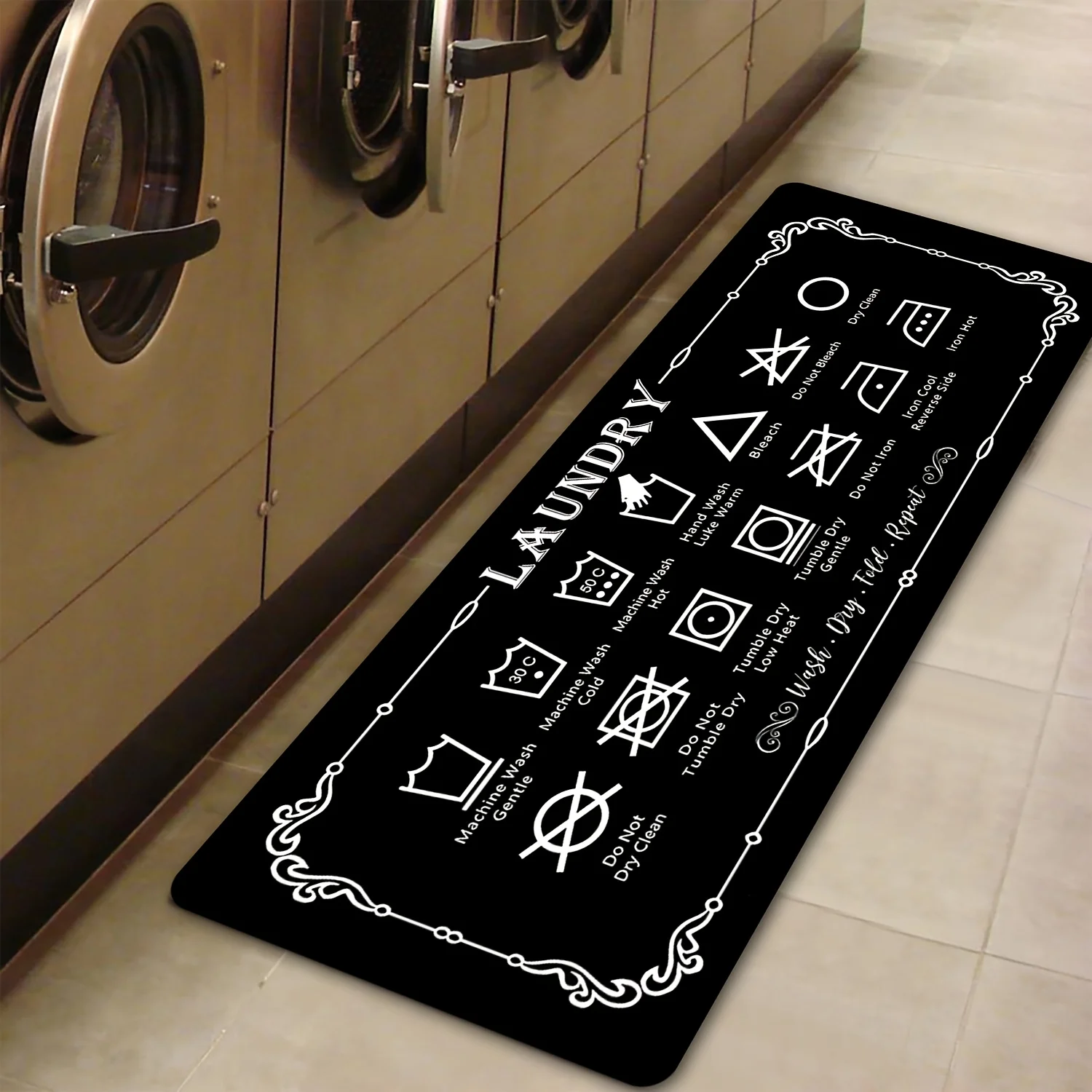 1 Piece Laundry Guide Mat - Black Icon Print Floor Decor - Machine Washable Rug - Farmhouse Laundry Room Accessories