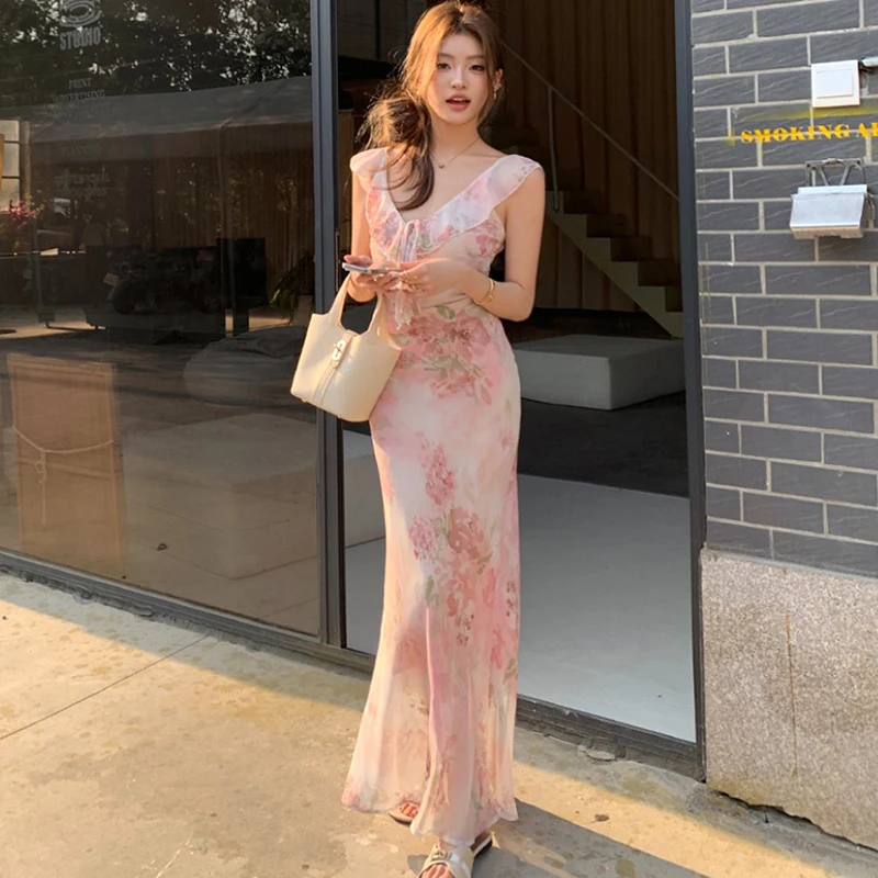 

Summer Pink Floral Bow Ruffled Sling Sexy Long Dress Women Elegant Beach Style Dress 2025 Korean Fashion Bodycon Luxury Vestidos