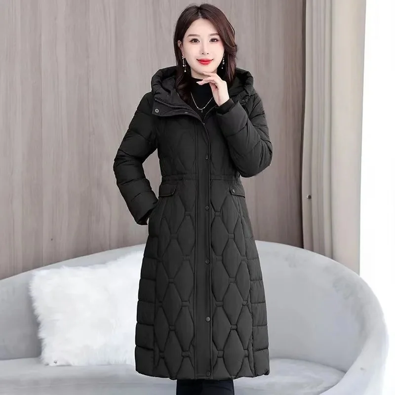 Cappotto lungo invernale donna 2024 moda nuovo cotone addensato imbottito caldo capispalla da neve sciolto femminile giacca con cappuccio antivento