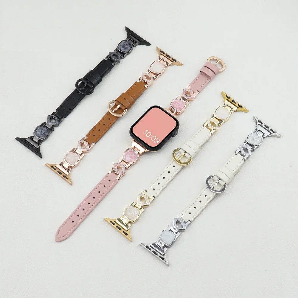 

Luxury Leather Strap For Apple Watch Band 49 46 42 41 40 38 45 44mm Crystal Enamel Correa For iWatch S10 9 8 7 6 5 4 SE Bracelet