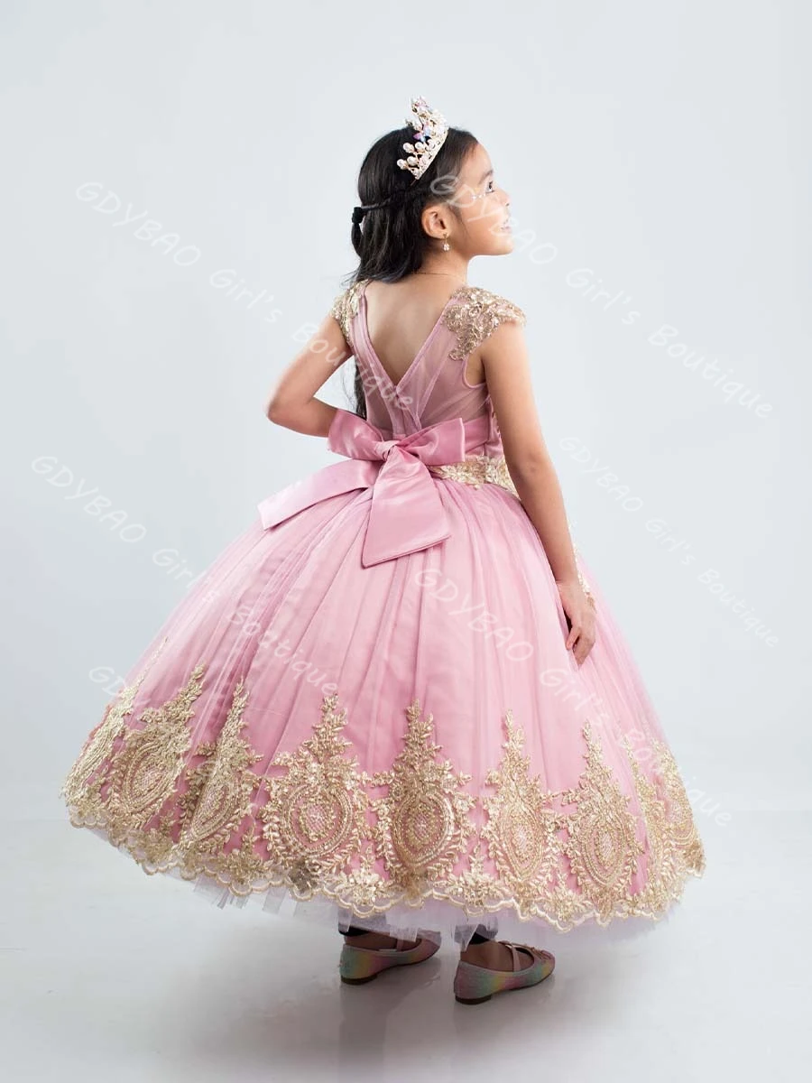 Vestido de princesa con apliques dorados para niñas, vestido de flores hasta el tobillo de cristal con lazo, vestido de fiesta de boda, Vestidos personalizados