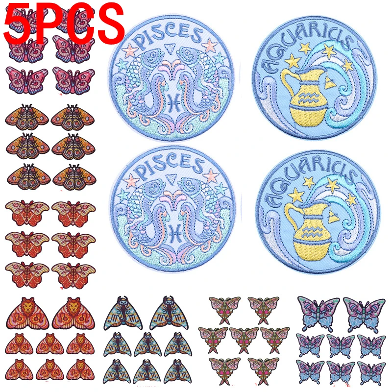 5PCS Twelve Constellation Patch Iron On Embroidery Patches For Clothing Embroidered Iron On Patches Butterfly Leo Scorpio Patch
