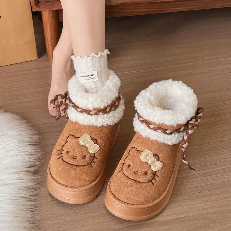 

Cute cartoon Hello Kitty thick soled height increasing snow boots for women in winter, with thick and warm plush cotton shoes