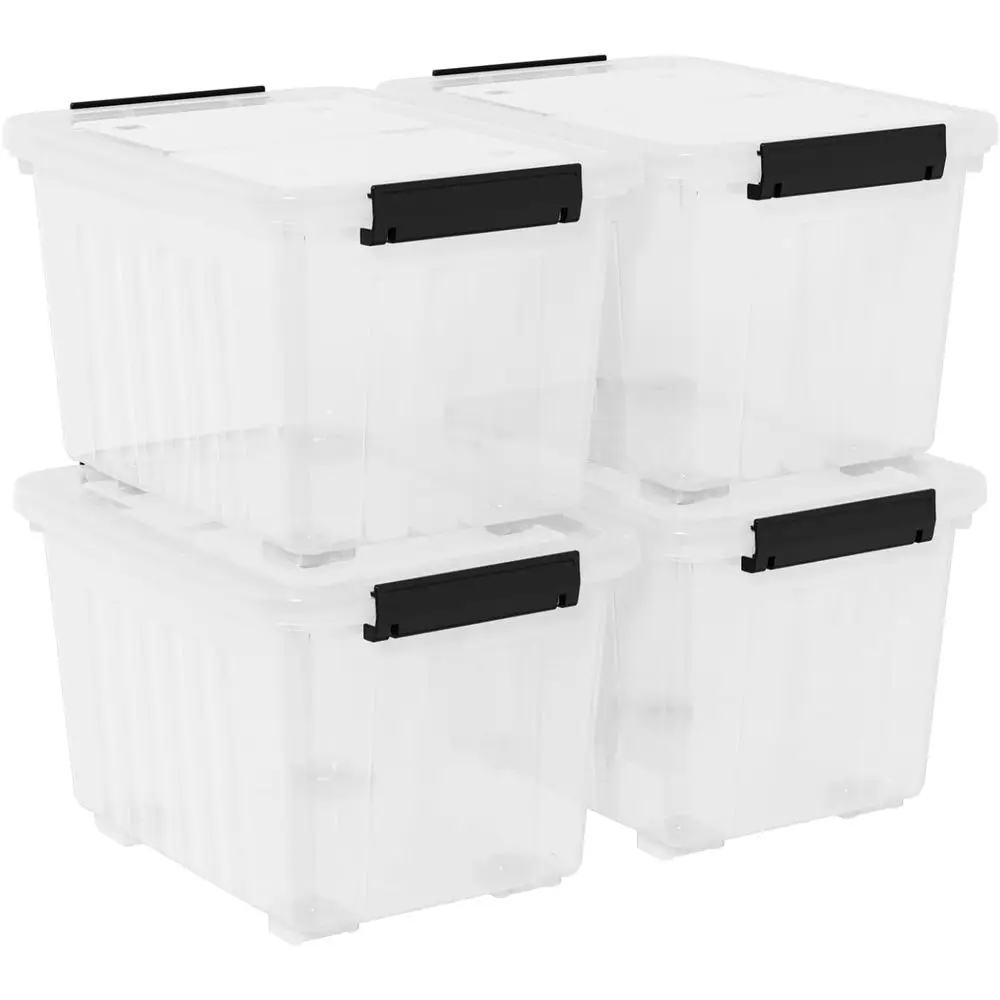 

4-Pack 50-Quart Clear Plastic Storage Bins with Lids and Secure Buckles, Stackable Wheeled Organizers