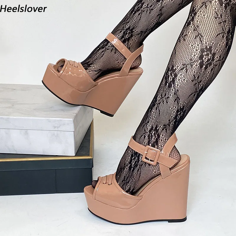 

Ahhlsion New Women Sandals Wedges Heels Patent Leather Peep Toe Pretty Khaki Red Pink Party Casual Shoes Ladies US Size 5-20