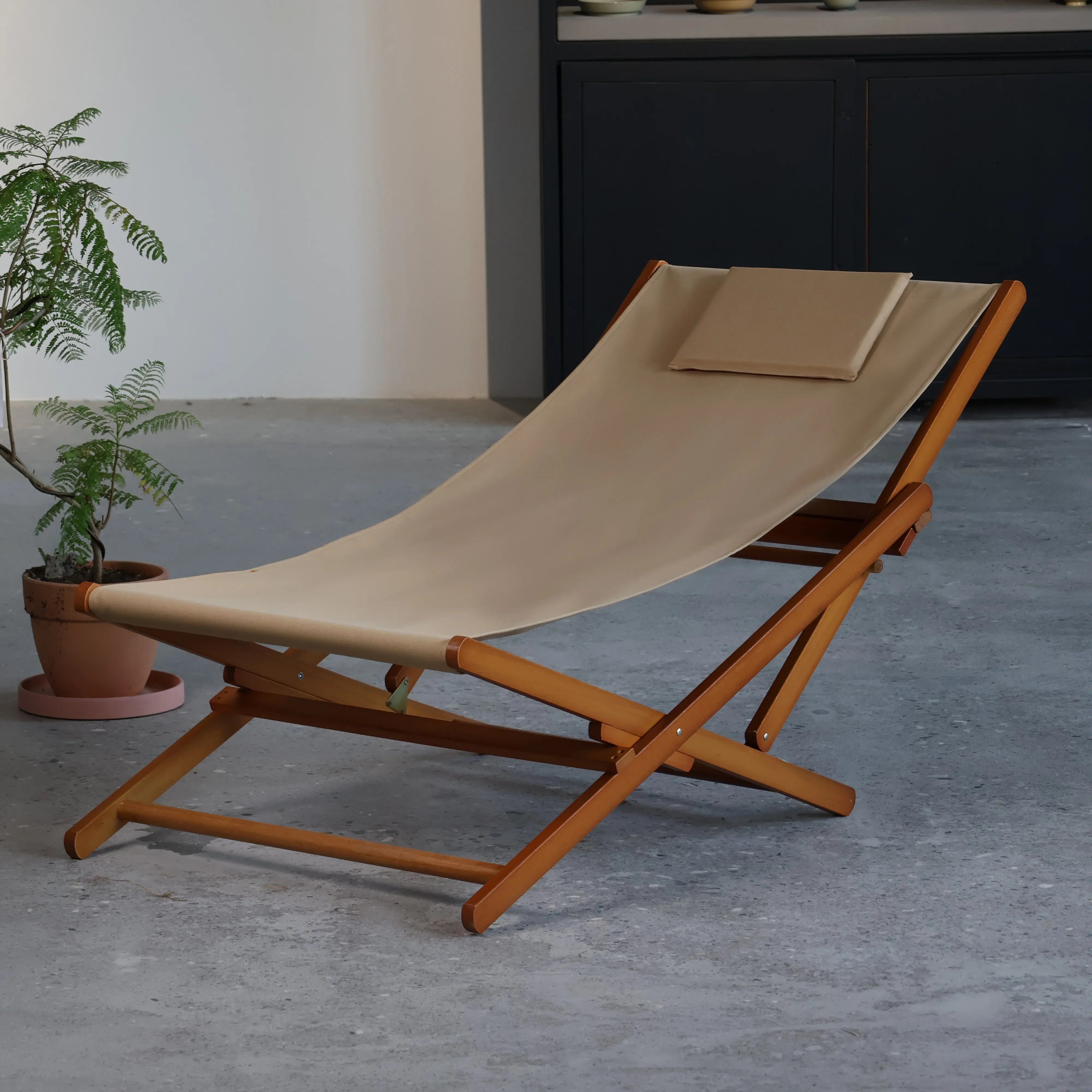 

Solid wood free recliner Double layer Oxford cloth recliner Beach balcony Leisure lunch break