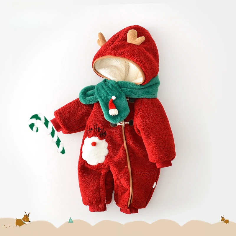 

2025 Autumn/winter Christmas Style with Plush and Thickened Baby Jumpsuit and Scarf Two-piece Set