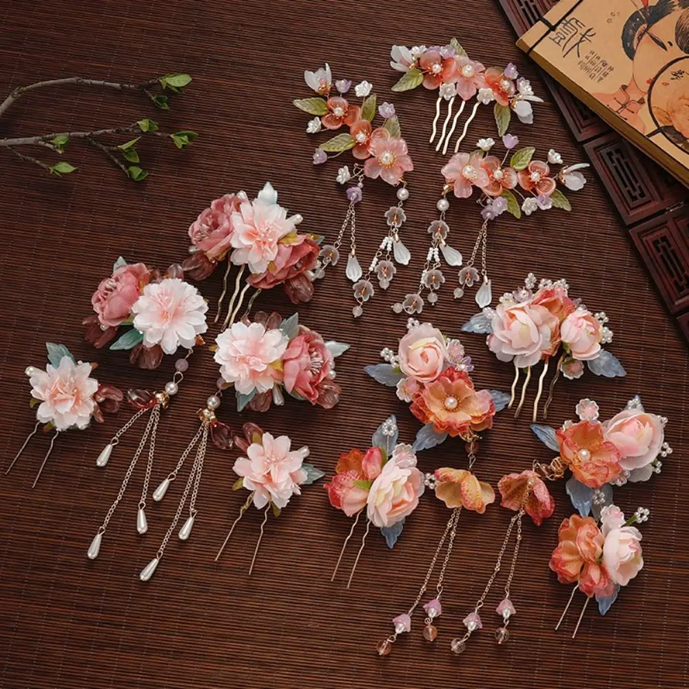 

Exquisite Tassel Chinese Style Hairpin Set Pearl for Buns Hanfu Hair Stick Headwear Earring Flower Hair Comb Cheongsam