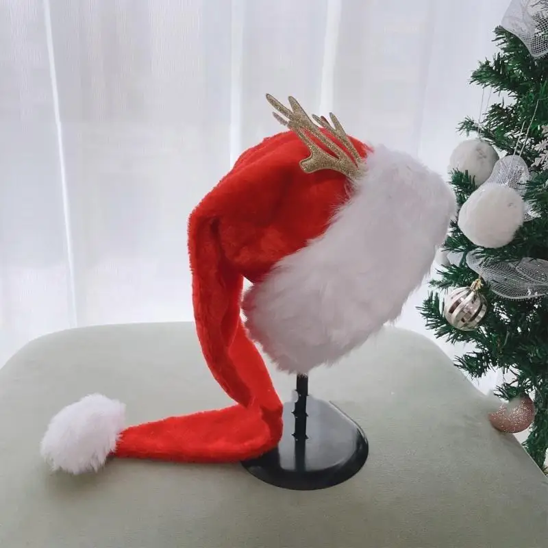

39BD Christmas Santa Hat for Holiday Lovely Antler Santa Hat for Adult All Age Bobble Hat Party Props Festival Hat Headwear
