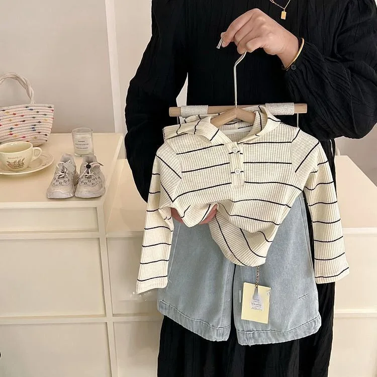 Spring and Autumn Girls' Clothing T-Shirt Hooded Striped Stylish Fresh Bottom Shirt
