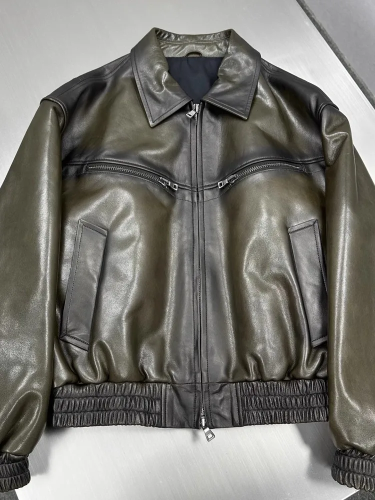 Italian Designer Mens Loose Fit Real Sheepskin Bomber Jacket Top Quality Natural Genuine Leather Jacket Motorcycle Biker Coats
