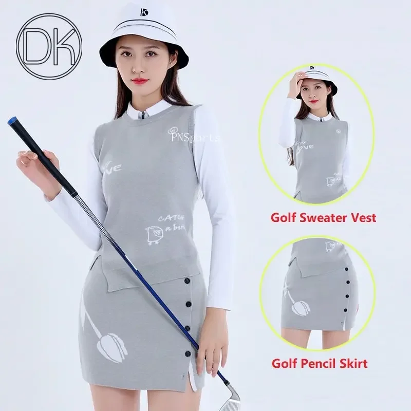 DK Golf Apparel Women\'s Autumn Winter Knitted Vest Round Neck Sweater Tops Ladies Slim Split Sports Skirt Warm Pencil Skort Suit