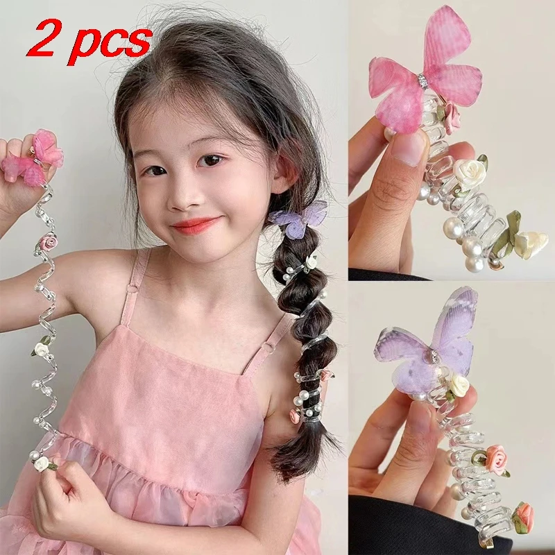 

2 Pcs Ladies' Hair Loops Set Butterfly Flower Pearl Cute Kawaii Sweet Hair Ropes Fashion Verstaile Hair Accessories For Children