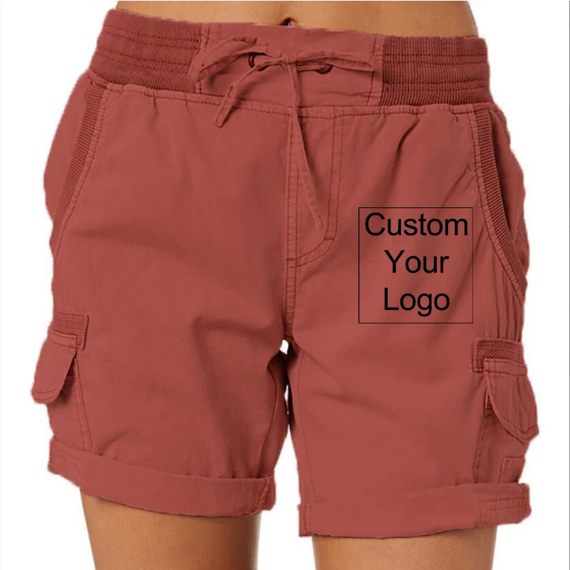 Women Logo Customized Shorts Elastic Cotton Linen Pocket Shorts Summer Beach Solid Color Sliming Comfot Breathable