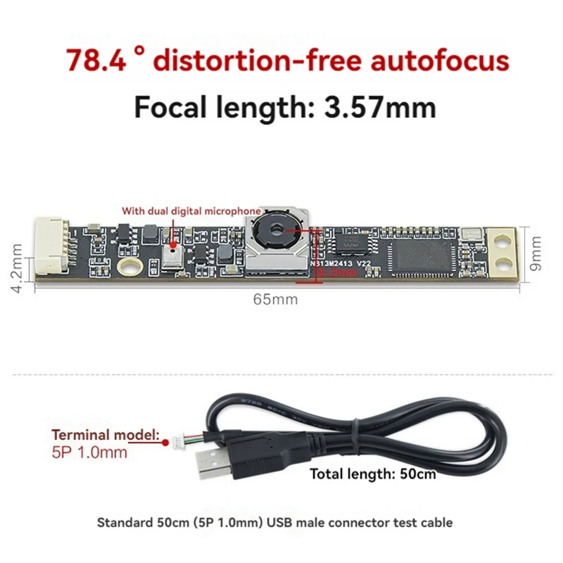 13MP 4K USB Camera Module OV13B10 Distortion-Free/Auto Focus Built-in Mic for WinXP/Win7/8/10/ OSX/Linux 78.4°-PZZW