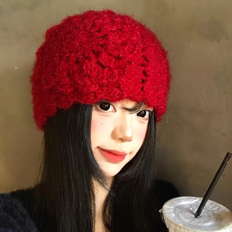 جديد اليد الكروشيه ثلاثية الأبعاد زهرة البلوز القبعات للنساء الخريف والشتاء السفر صور جو تنوعا عادية الدافئة بيني