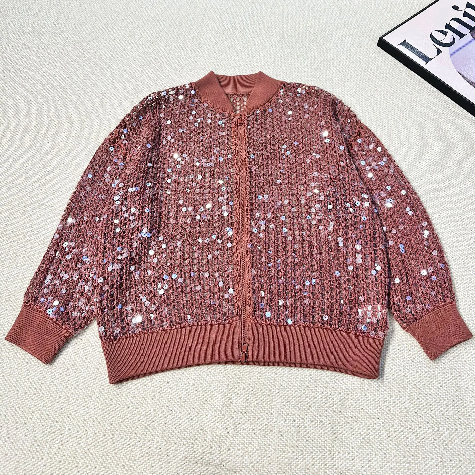 Women\'s Sparkling Fish Scale Sequin Jacket Brilliant Embroidered Bomber Knit Double Zip Jacket Heavy Industry Luxury Female