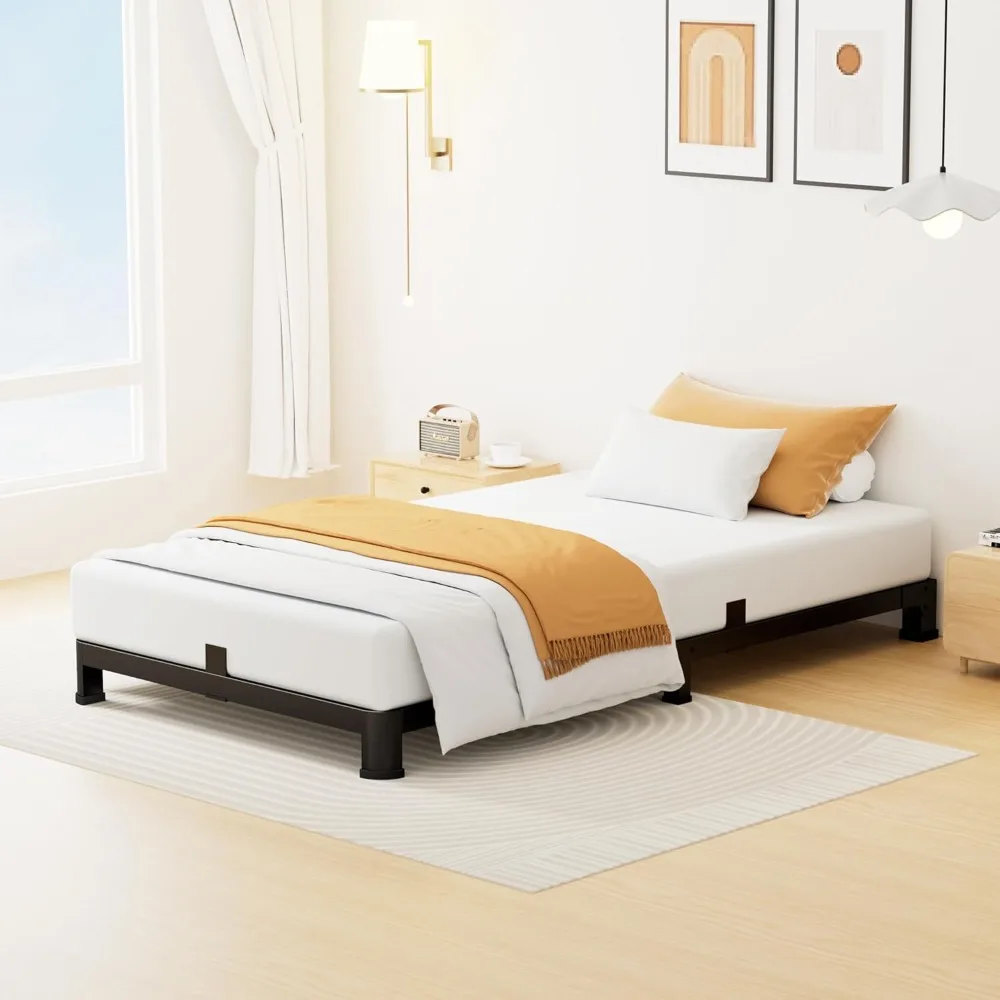 Cadre de lit double de 4 pouces à profil bas, cadre de lit à plate-forme en métal robuste avec pieds d'angle ronds, base de matelas robuste, sans Bo