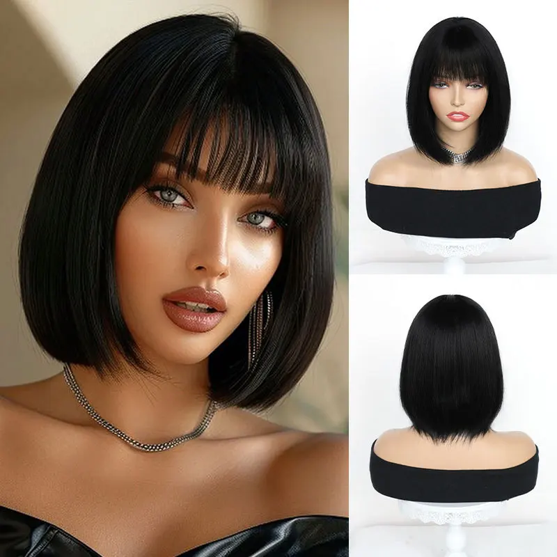 

Hot-selling Bobo head Qi bangs short straight black wig female natural age reduction European and American style new whole headg