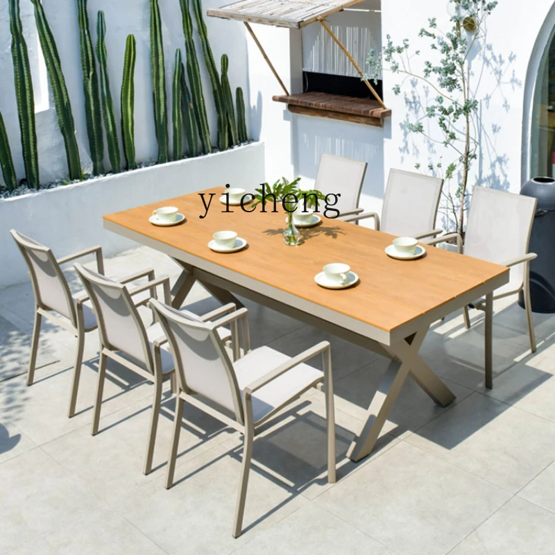 

XL outdoor table and chair patio with umbrella aluminum-plastic anticorrosive wood large table and chair combination