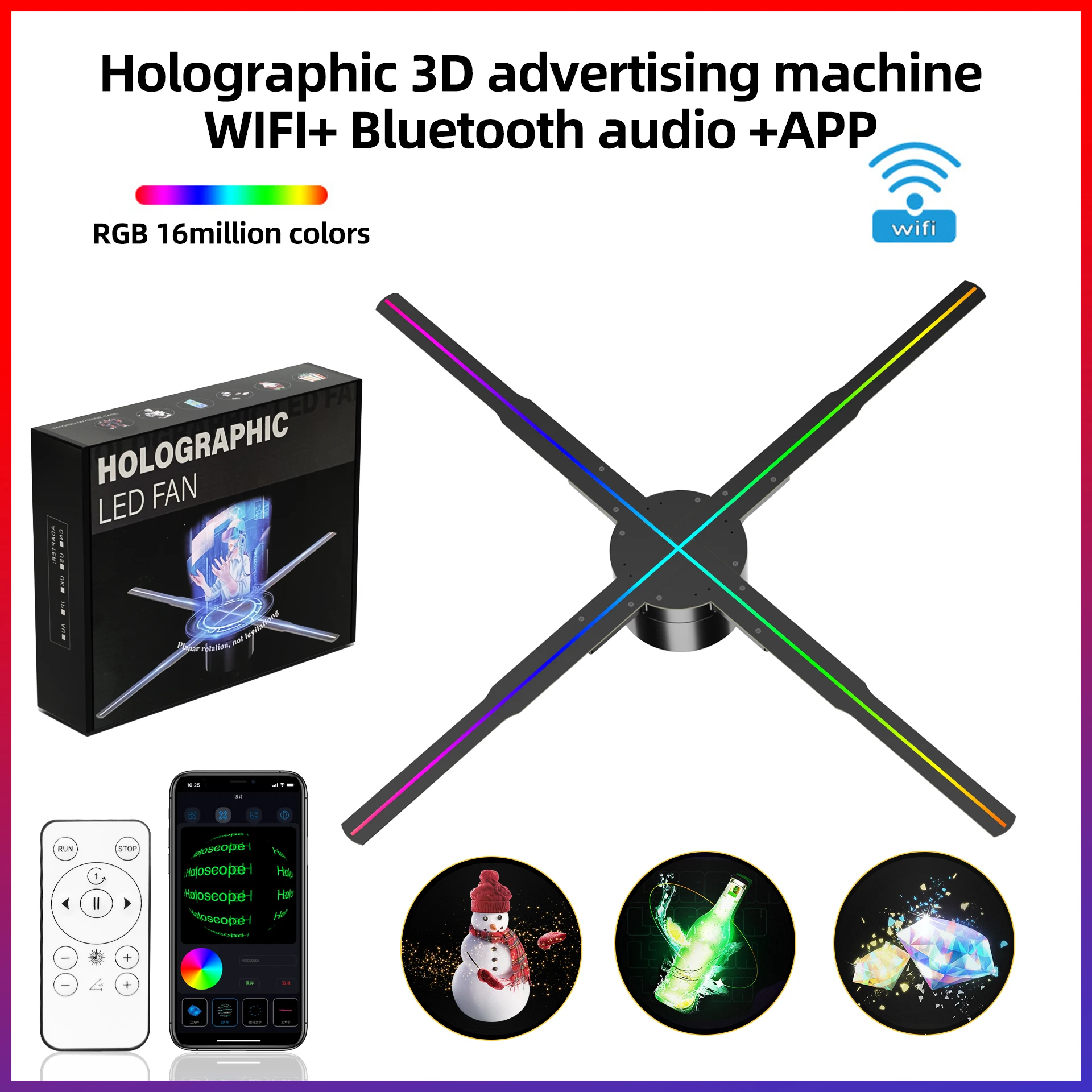 projetor holograma 3d com controle de aplicativos maquina de publicidade montada na parede sinal de exibicao led logotipo montado na parede wi fi 50cm 01