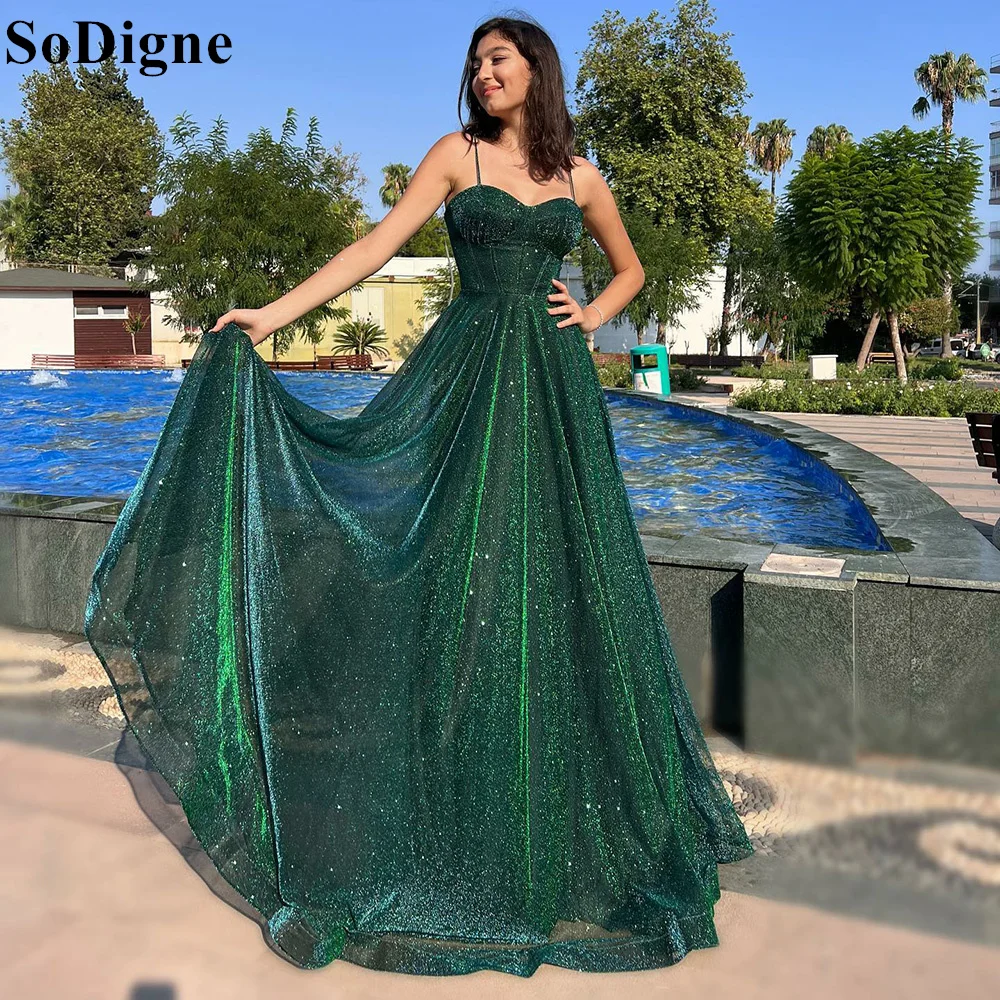 

SoDigne Glitter Tulle Prom Dresses Spaghetti Strap Princess Sweetheart 2024 Sparkly A-Line Elegant Evening Party Gowns for Women