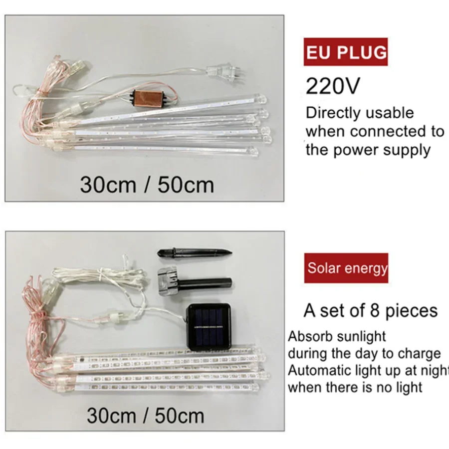 Solar/EU 8 Tubes LED Meteor Shower Rain Lights Waterproof Falling Raindrop Fairy String Light Holiday Party Patio Decor 30/50CM