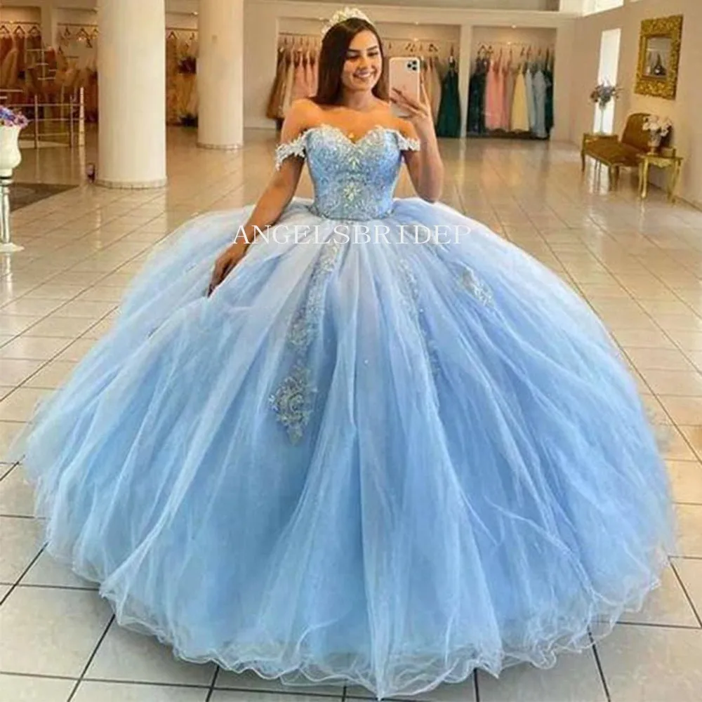 

Angelsbridep Sky blue Ball Gown 15 Year Old Quinceanera Dresses Princess Tulle Appliques Sweetheart Birthday Party Dress